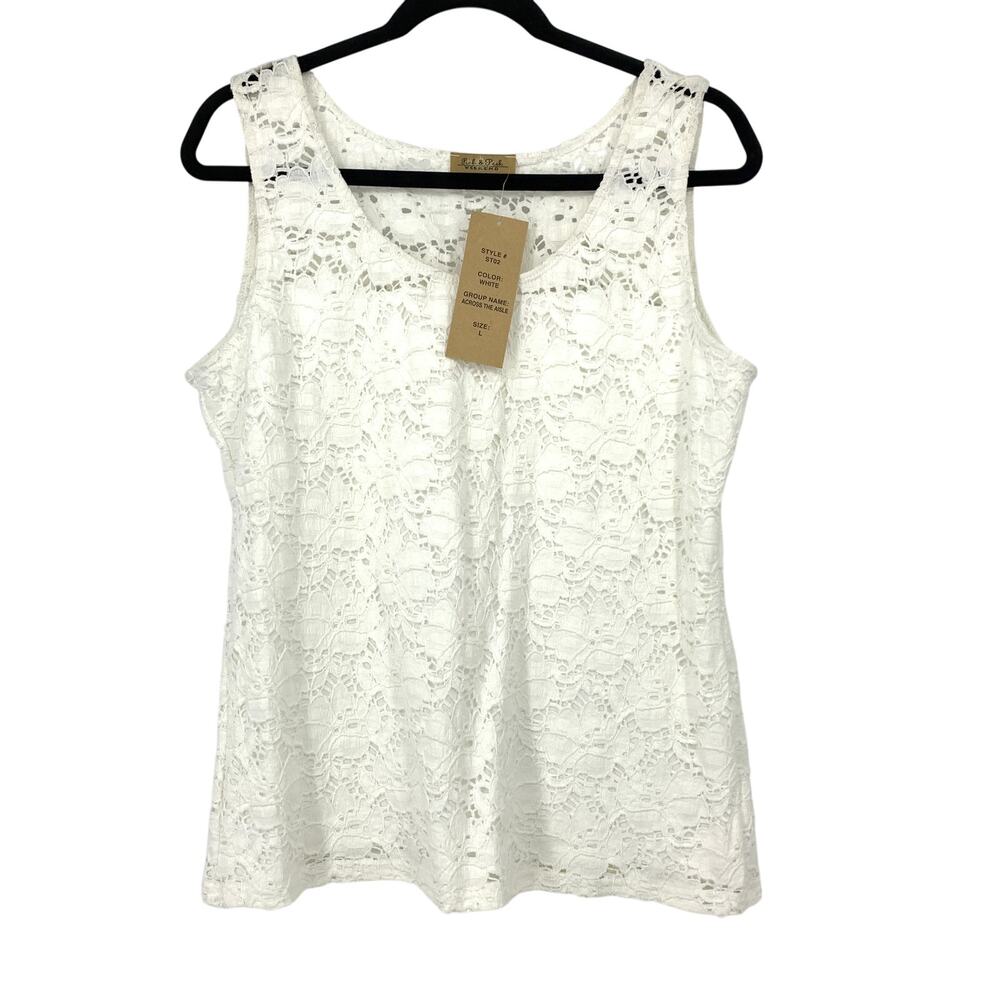 Peck & Peck Top Womens Large White Floral Lace Overlay Scoop Neck Scalloped Hem